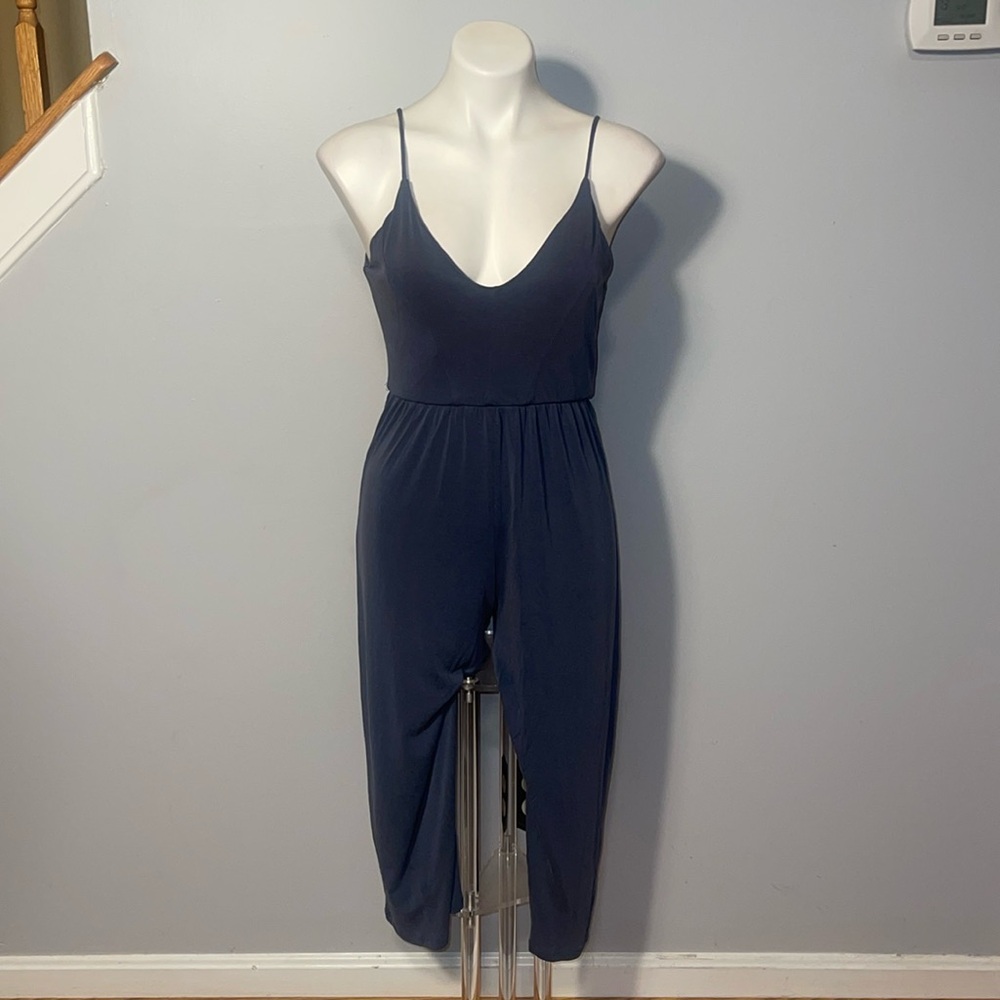 Sienna Sky ladies cropped jumpsuit. Blue. Small. Spaghetti straps.